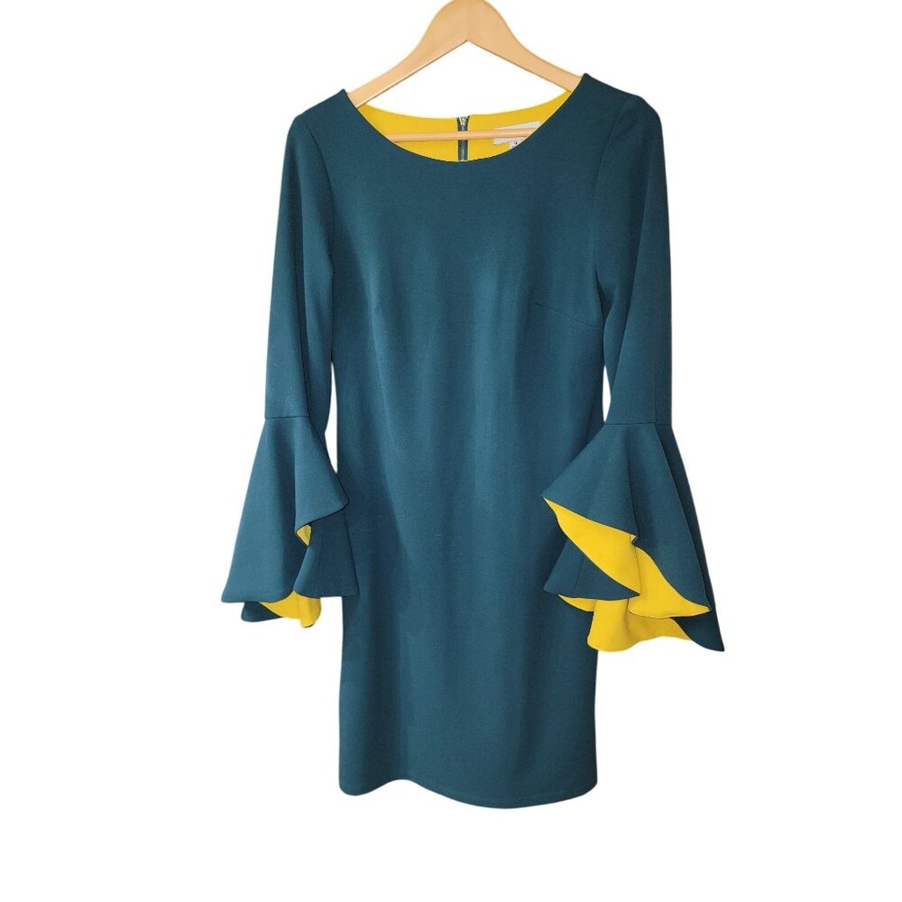 Shelby & Palmer Green Bell Sleeve Shift Dress With Yellow Lining Size 8 - Picture 2 of 6